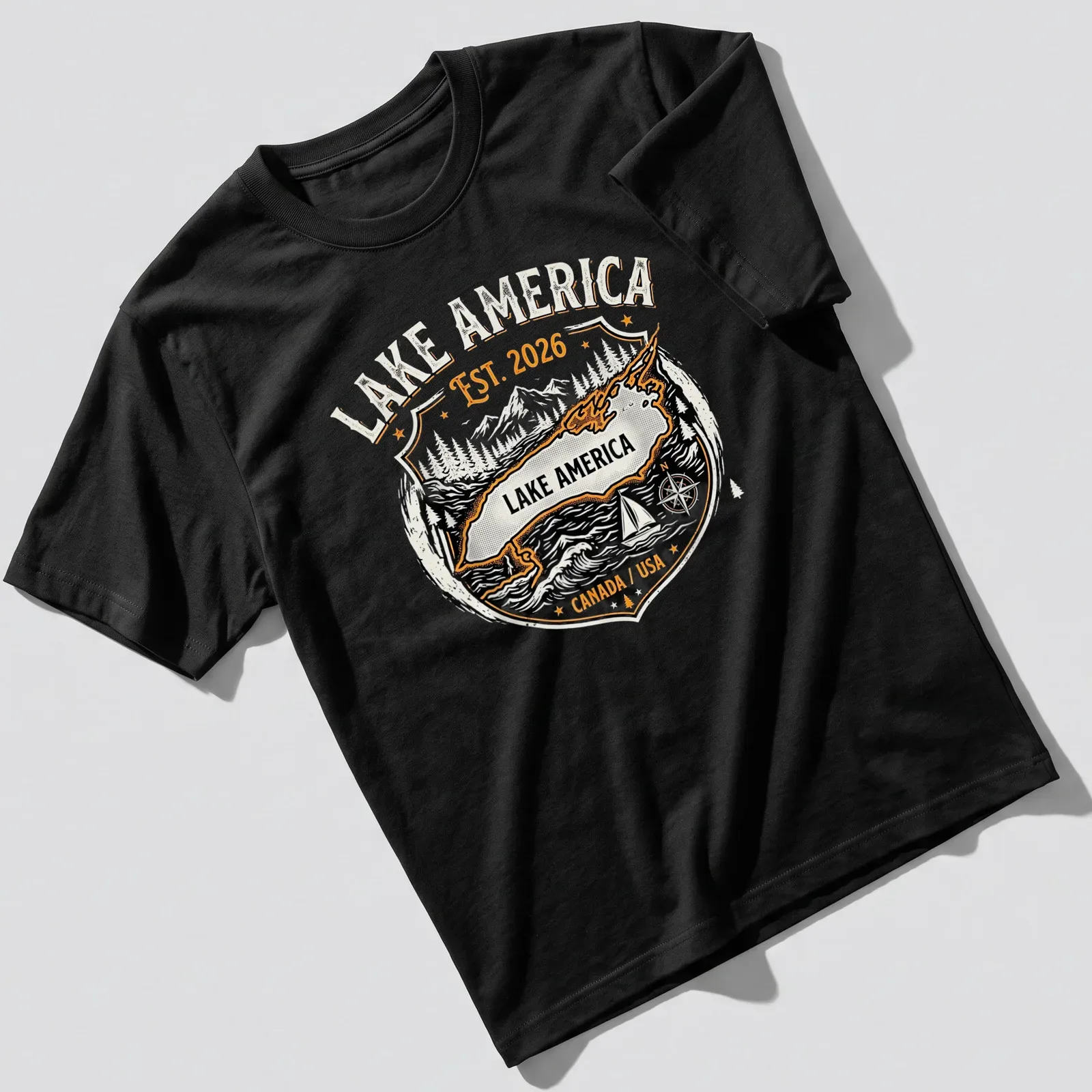 Vintage badge design featuring a map of Lake America with text. — printed on a unisex t-shirt
