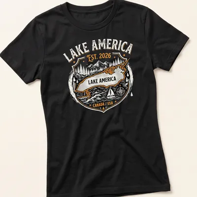 Vintage badge design featuring a map of Lake America with text. — printed on a women's shirt