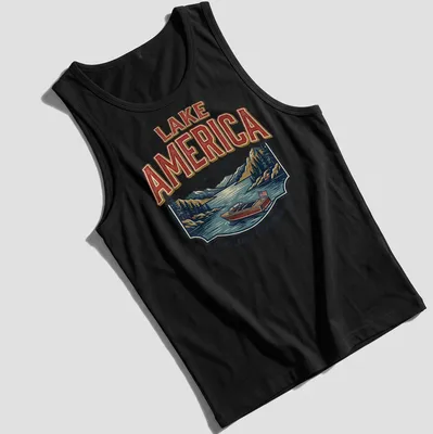 Vintage retro shirt featuring a motorboat on a lake with nostalgic text — printed on a tank top