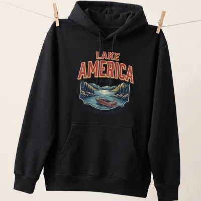 Vintage retro shirt featuring a motorboat on a lake with nostalgic text — printed on a unisex hoodie