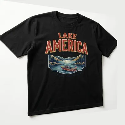 Vintage retro shirt featuring a motorboat on a lake with nostalgic text — printed on a unisex t-shirt (angled view)