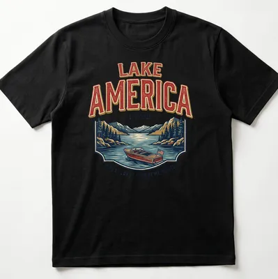 Vintage retro shirt featuring a motorboat on a lake with nostalgic text
