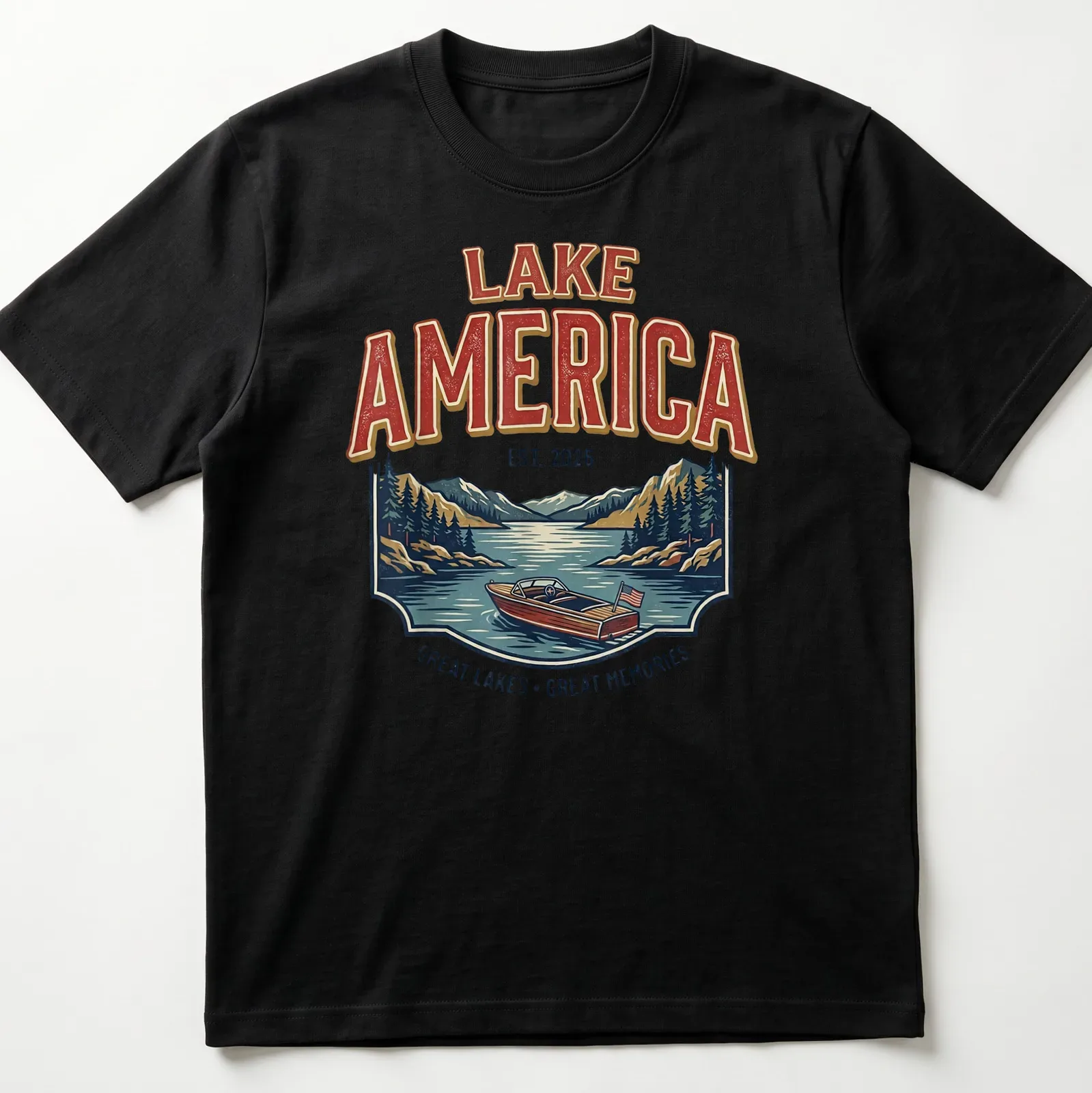 Vintage retro shirt featuring a motorboat on a lake with nostalgic text — printed on a unisex t-shirt