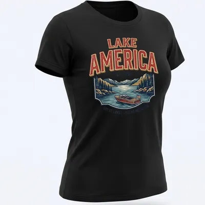 Vintage retro shirt featuring a motorboat on a lake with nostalgic text — printed on a women's shirt