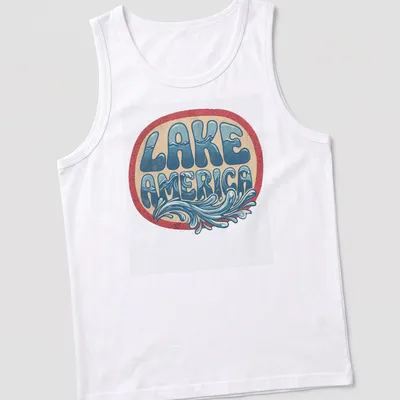 Vintage Lake America t-shirt with waves design in blue and cream — printed on a tank top