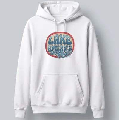 Vintage Lake America t-shirt with waves design in blue and cream — printed on a unisex hoodie