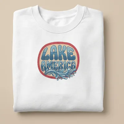 Vintage Lake America t-shirt with waves design in blue and cream — printed on a unisex sweatshirt