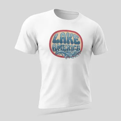 Vintage Lake America t-shirt with waves design in blue and cream — printed on a unisex t-shirt (angled view)
