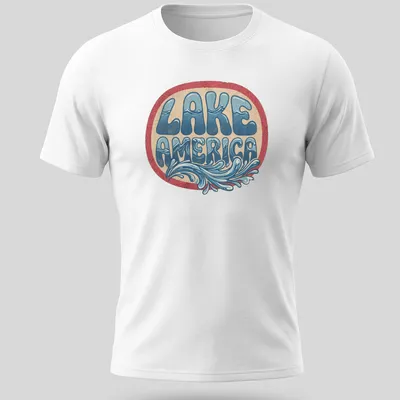 Vintage Lake America t-shirt with waves design in blue and cream — printed on a unisex t-shirt