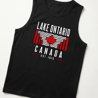 Vintage print of Lake Ontario with Canadian flag and established date text — printed on a tank top