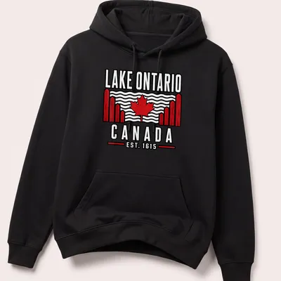Vintage print of Lake Ontario with Canadian flag and established date text — printed on a unisex hoodie