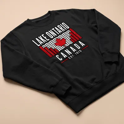Vintage print of Lake Ontario with Canadian flag and established date text — printed on a unisex sweatshirt