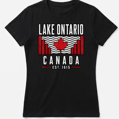 Vintage print of Lake Ontario with Canadian flag and established date text — printed on a women's shirt