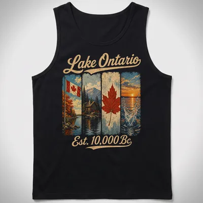 Vintage T-shirt featuring Canadian flag, cabin by lake, and maple leaf — printed on a tank top