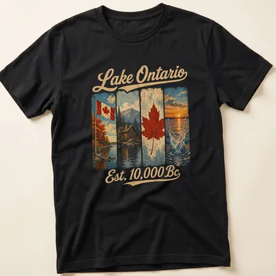 Vintage T-shirt featuring Canadian flag, cabin by lake, and maple leaf