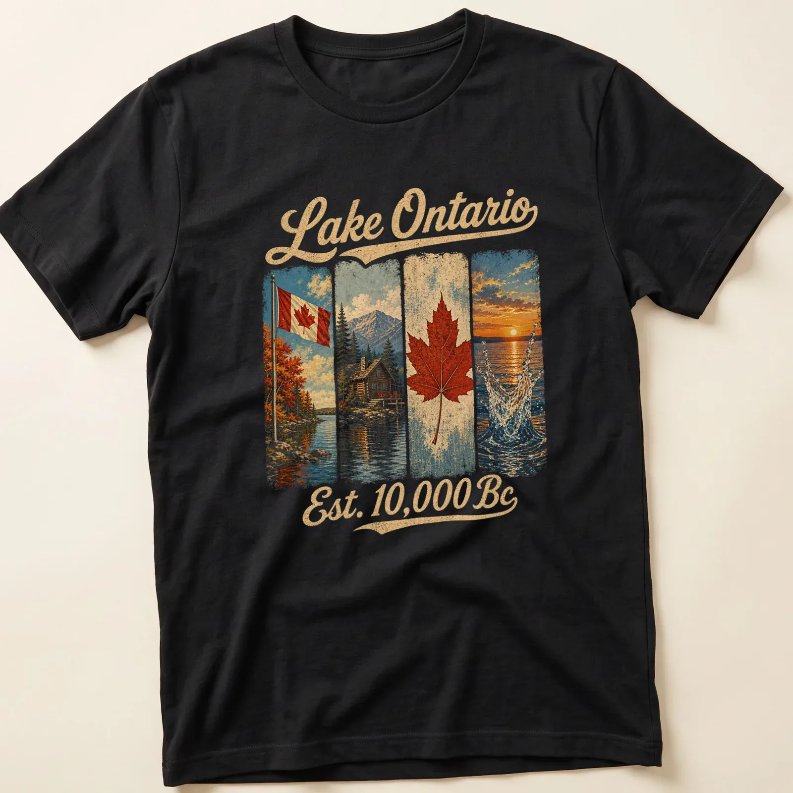 Vintage T-shirt featuring Canadian flag, cabin by lake, and maple leaf — printed on a unisex t-shirt