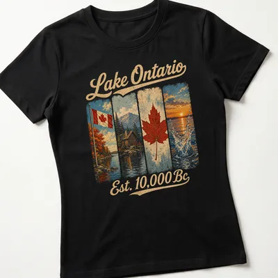 Vintage T-shirt featuring Canadian flag, cabin by lake, and maple leaf — printed on a women's shirt