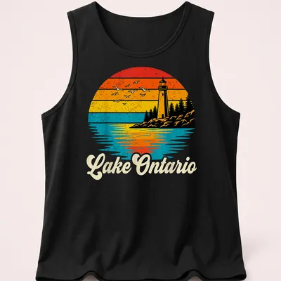 Retro sunset scene featuring a lighthouse with seagulls and the text 'Lake Ontario' in stylized lettering — printed on a tank top