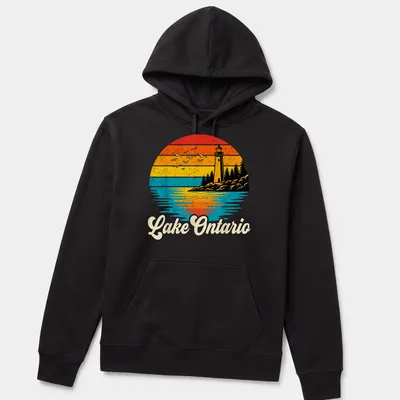 Retro sunset scene featuring a lighthouse with seagulls and the text 'Lake Ontario' in stylized lettering — printed on a unisex hoodie