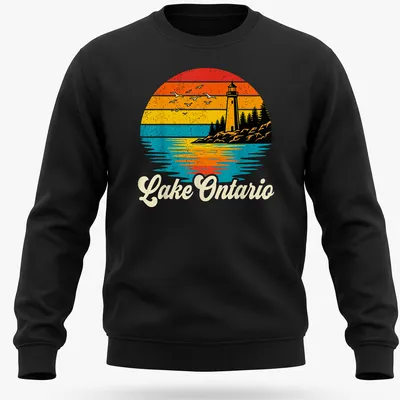 Retro sunset scene featuring a lighthouse with seagulls and the text 'Lake Ontario' in stylized lettering — printed on a unisex sweatshirt