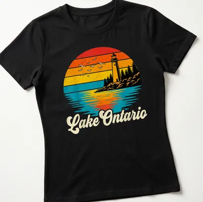 Retro sunset scene featuring a lighthouse with seagulls and the text 'Lake Ontario' in stylized lettering — printed on a women's shirt