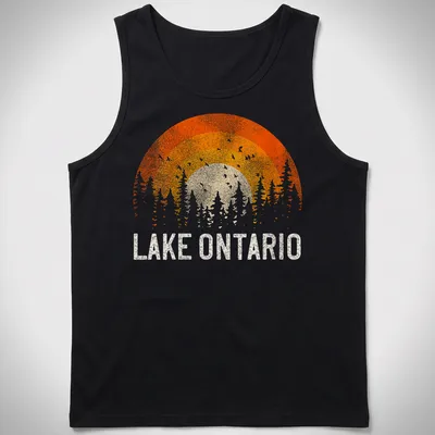 Sunset over trees with Lake Ontario text in vintage retro style — printed on a tank top