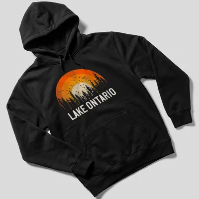 Sunset over trees with Lake Ontario text in vintage retro style — printed on a unisex hoodie