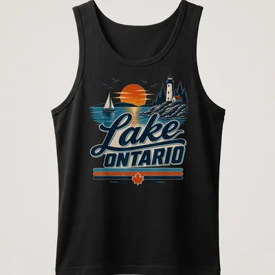 Vintage Lake Ontario Lighthouse and sailboat graphic with sunset colors — printed on a tank top