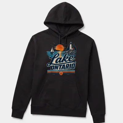 Vintage Lake Ontario Lighthouse and sailboat graphic with sunset colors — printed on a unisex hoodie