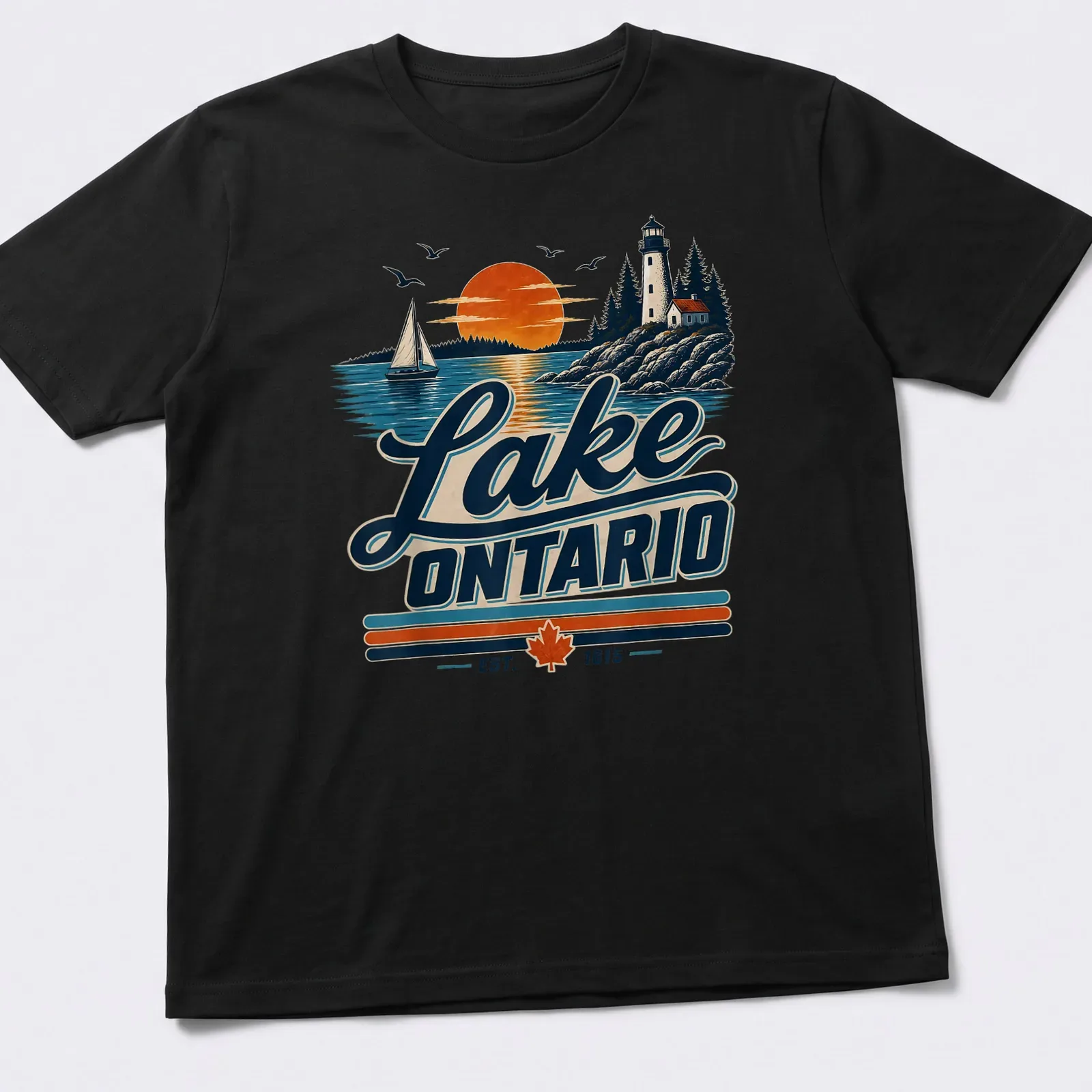 Vintage Lake Ontario Lighthouse and sailboat graphic with sunset colors — printed on a unisex t-shirt