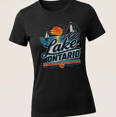 Vintage Lake Ontario Lighthouse and sailboat graphic with sunset colors — printed on a women's shirt
