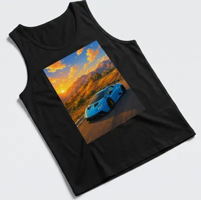 Illustration of a blue Lamborghini Huracan STO against a vibrant sunset landscape — printed on a tank top