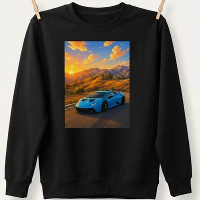 Illustration of a blue Lamborghini Huracan STO against a vibrant sunset landscape — printed on a unisex sweatshirt