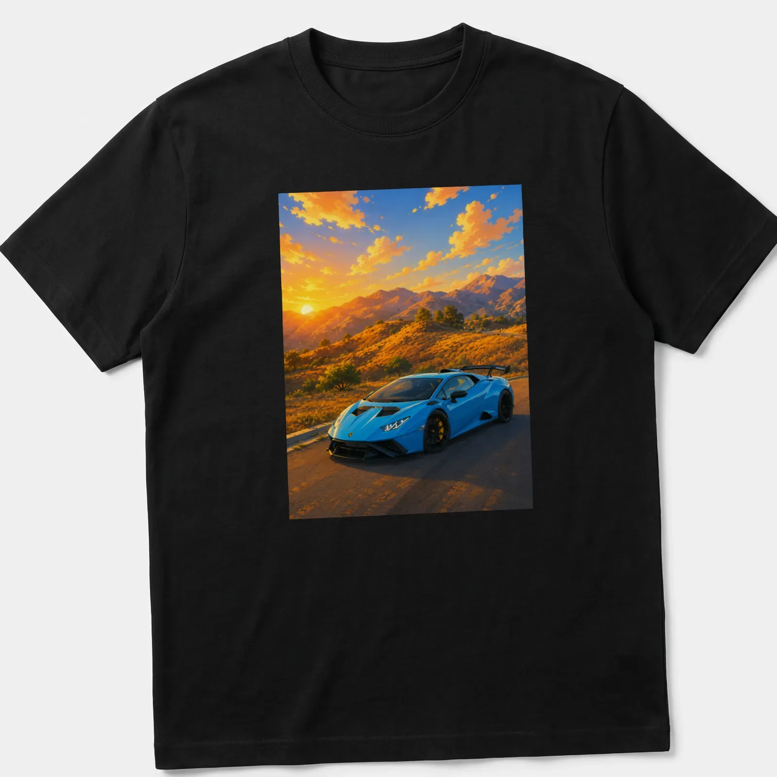 Illustration of a blue Lamborghini Huracan STO against a vibrant sunset landscape — printed on a unisex t-shirt