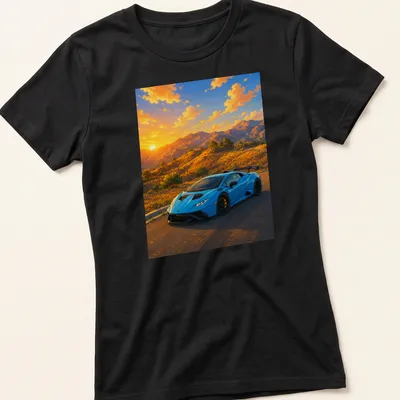 Illustration of a blue Lamborghini Huracan STO against a vibrant sunset landscape — printed on a women's shirt