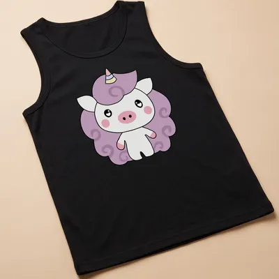Kawaii unicorn character design with playful colors and whimsical text — printed on a tank top