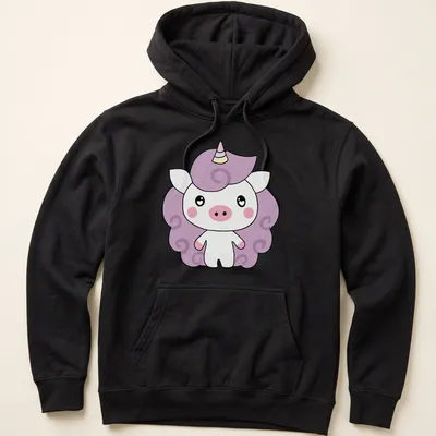 Kawaii unicorn character design with playful colors and whimsical text — printed on a unisex hoodie