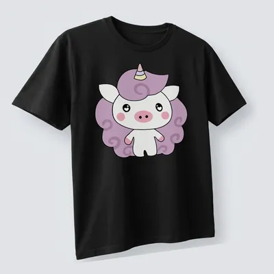Kawaii unicorn character design with playful colors and whimsical text — printed on a unisex t-shirt (angled view)