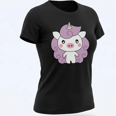 Kawaii unicorn character design with playful colors and whimsical text — printed on a women's shirt