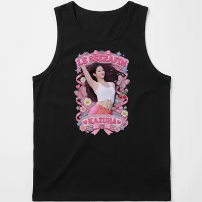 Colorful illustration of Kazuha with wavy black hair and body chain — printed on a tank top