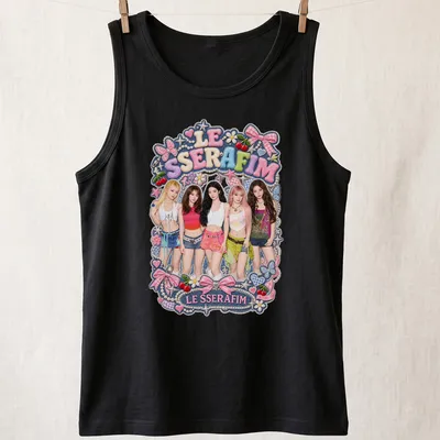 Colorful graphic t-shirt featuring LE SSERAFIM performers in playful illustrations — printed on a tank top