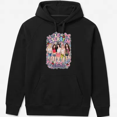 Colorful graphic t-shirt featuring LE SSERAFIM performers in playful illustrations — printed on a unisex hoodie