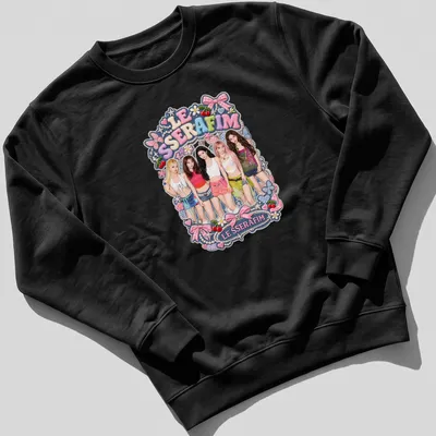 Colorful graphic t-shirt featuring LE SSERAFIM performers in playful illustrations — printed on a unisex sweatshirt