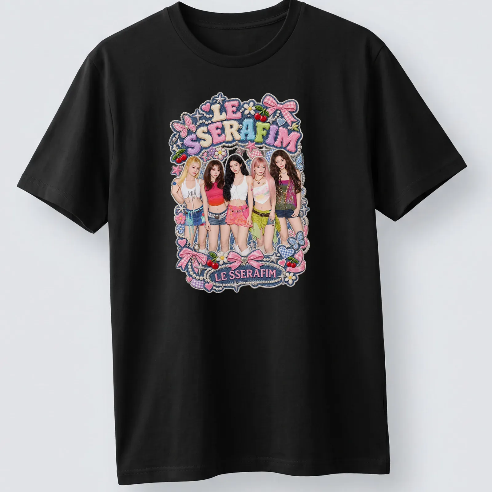 Colorful graphic t-shirt featuring LE SSERAFIM performers in playful illustrations — printed on a unisex t-shirt