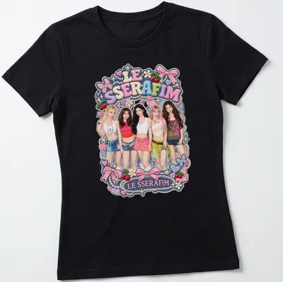 Colorful graphic t-shirt featuring LE SSERAFIM performers in playful illustrations — printed on a women's shirt