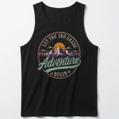 Colorful vintage retro design with mountains and text about adventures in 3rd grade — printed on a tank top