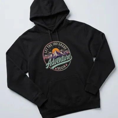 Colorful vintage retro design with mountains and text about adventures in 3rd grade — printed on a unisex hoodie