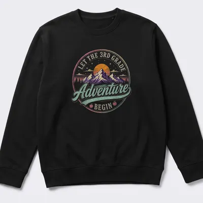 Colorful vintage retro design with mountains and text about adventures in 3rd grade — printed on a unisex sweatshirt