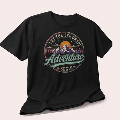 Colorful vintage retro design with mountains and text about adventures in 3rd grade — printed on a unisex t-shirt (angled view)