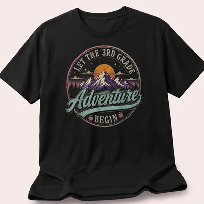 Colorful vintage retro design with mountains and text about adventures in 3rd grade